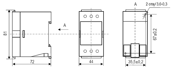 Установка Е855ЭС на щит под винт М2,5 (установочные размеры 35,5×67) или на шину DIN-35