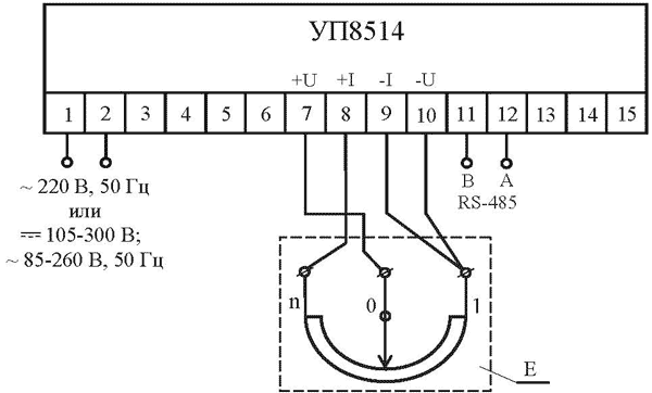 Схема электрическая подключения указателя при четырёхпроводном подключении датчика сопротивлений