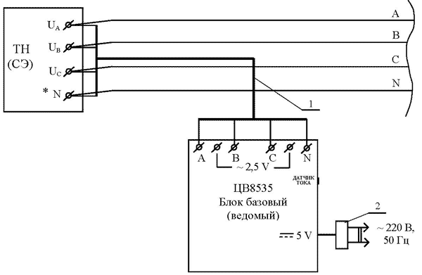 Схема электрическая подключения измерительного комплекса в автономном режиме работы при измерении трёх напряжений
