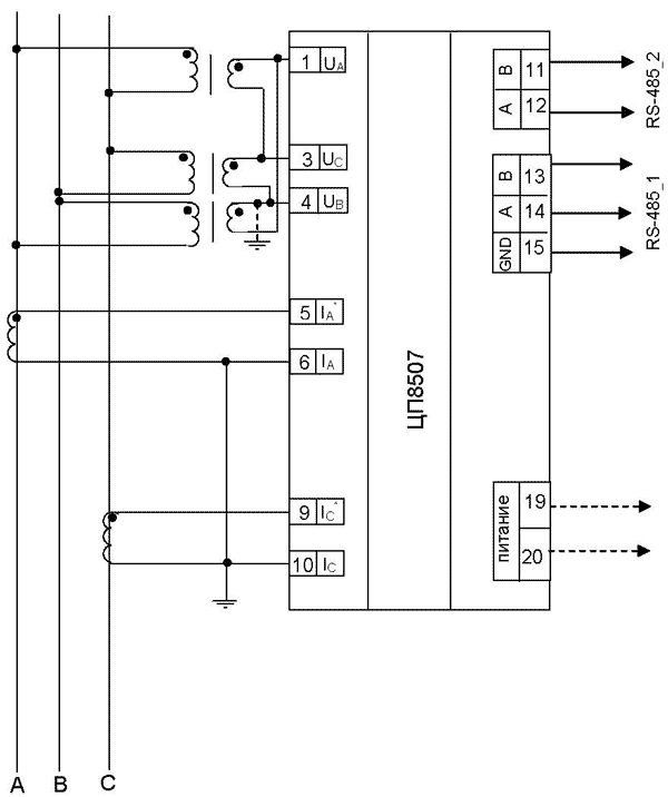 Схема подключения ЦП8507/3 - ЦП8507/6, ЦП8507/9 - ЦП8507/12 для трёхфазной трёхпроводной сети с тремя ТН соединенными по схеме «треугольник»