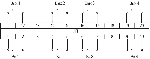 Схема электрическая подключений четырёхканальных, кроме измерительных преобразователей Е 9527/22ЭС, Е 9527/23ЭС