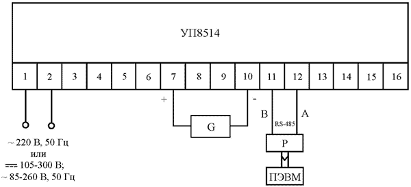 В УП8514/3, УП8514/5 интерфейс RS-485 отсутствует, преобразователь интерфейса (Р) и ПЭВМ не подключаются.